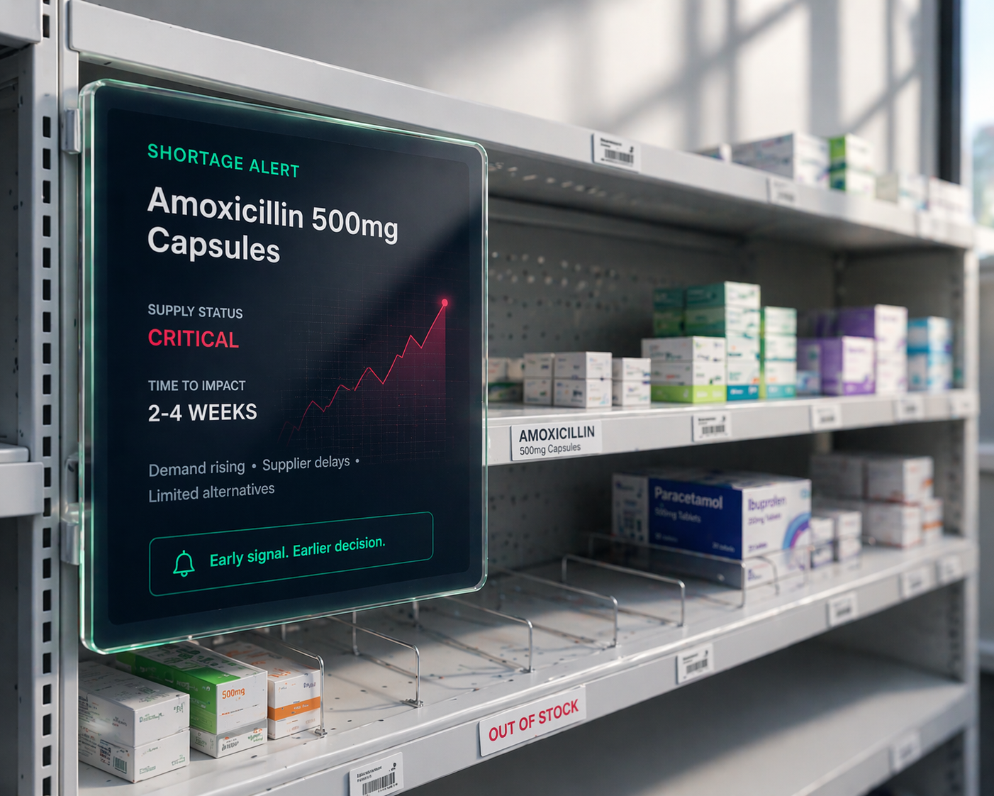 Pharmaceutical warehouse shelves with visible stock gaps